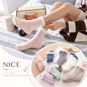 Custom Women’s Winter Coral Fleece Socks – Thick Thermal Home Socks, Warm Slipper Socks with Chunky Knit Design for Wholesale