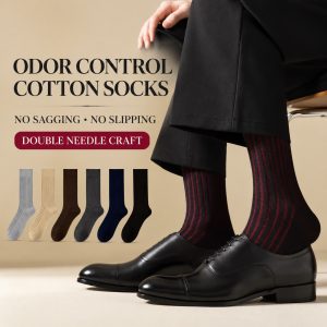 Men’s Striped Combed Cotton Knee High Socks – Large Size High Tube Socks with Double Needle Stitching