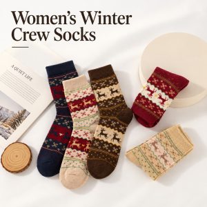 Women’s Christmas Crew Socks, Winter Warm Thick Terry Socks with Gold Thread Reindeer Pattern, Vintage Cozy Socks for Ladies