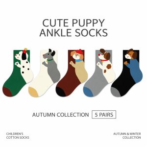 Kids’ Cartoon Dog Cotton Ankle Socks – Striped Stretch Socks with Seamless Toe for Autumn & Winter Wholesale
