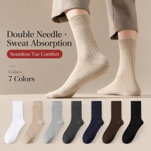 Men’s Striped Combed Cotton Crew Socks – Large Size Long Socks with Double Needle Stitching for Wholesale